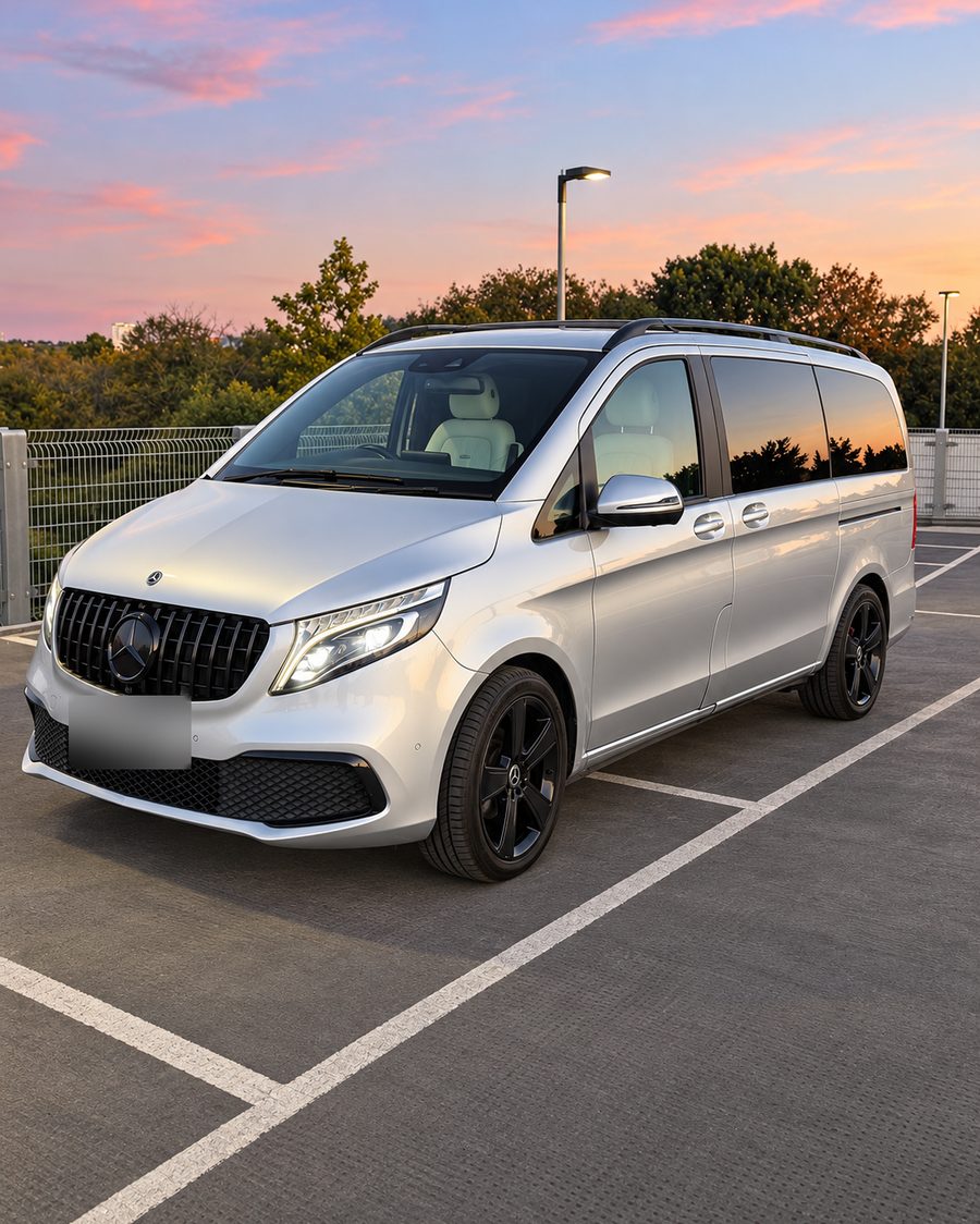 Silver Mercedes-Benz V-Class at sunset, front three-quarter view