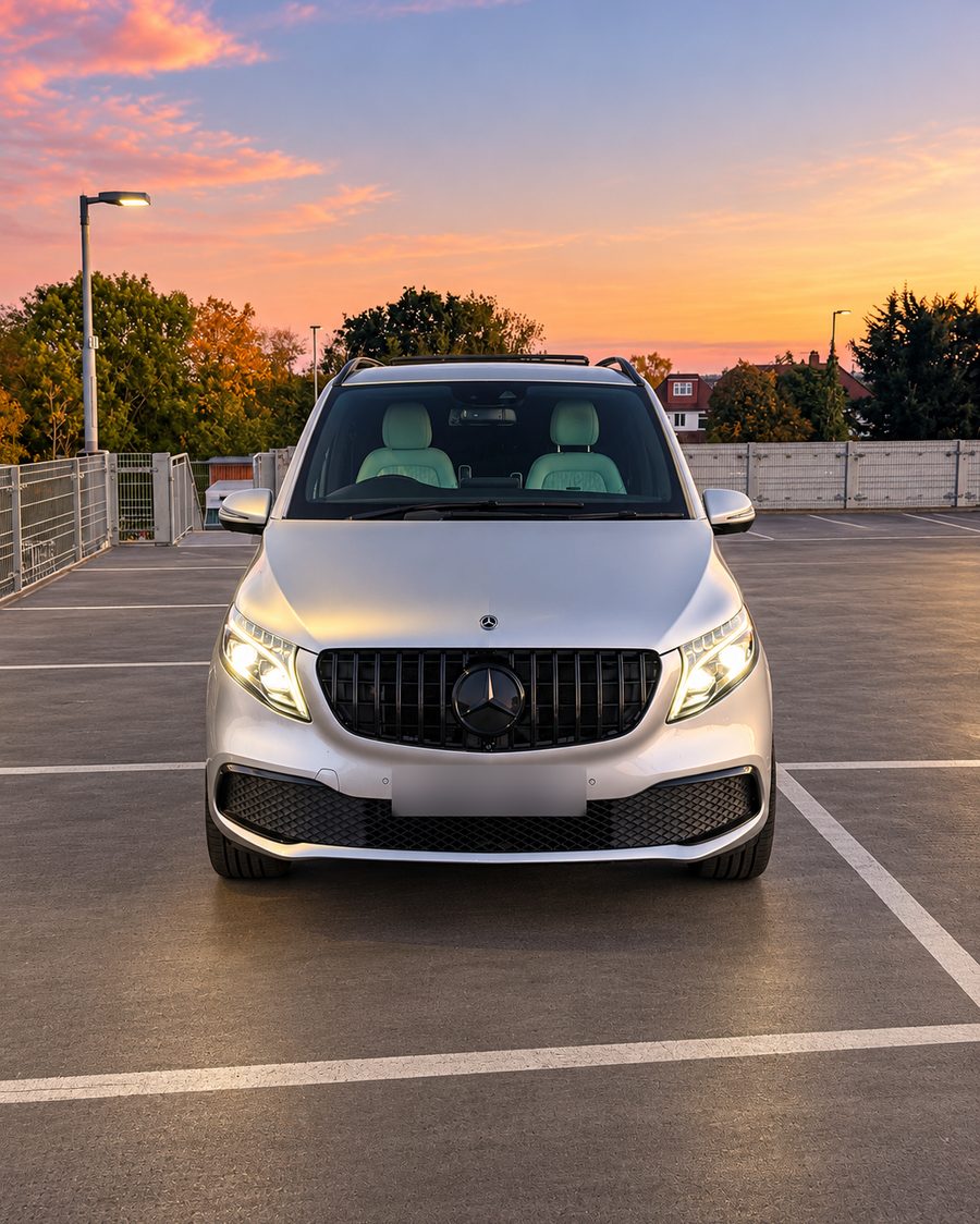 Front of the V-Class with headlights on