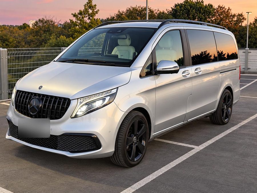 Silver Mercedes-Benz V-Class at sunset